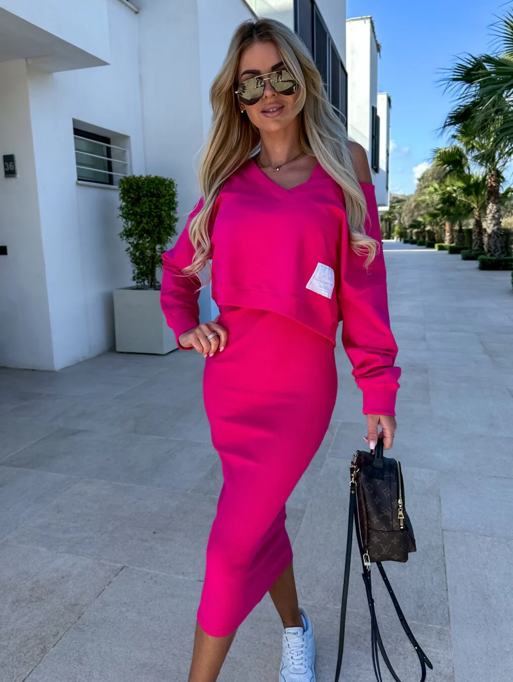 Women's Two-Piece Outfit - Cropped Off-Shoulder Sweatshirt & High-Waisted Pencil Skirt