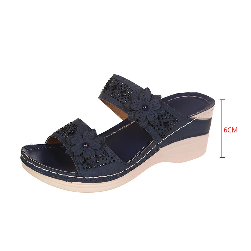 Women's Wedge Sandals - Double Strap - Floral Accents - Cushioned Sole