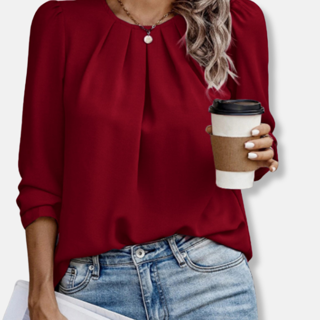 Florence Pleated Flowy Fit Blouse | Puff Sleeve Round Neck Blouse