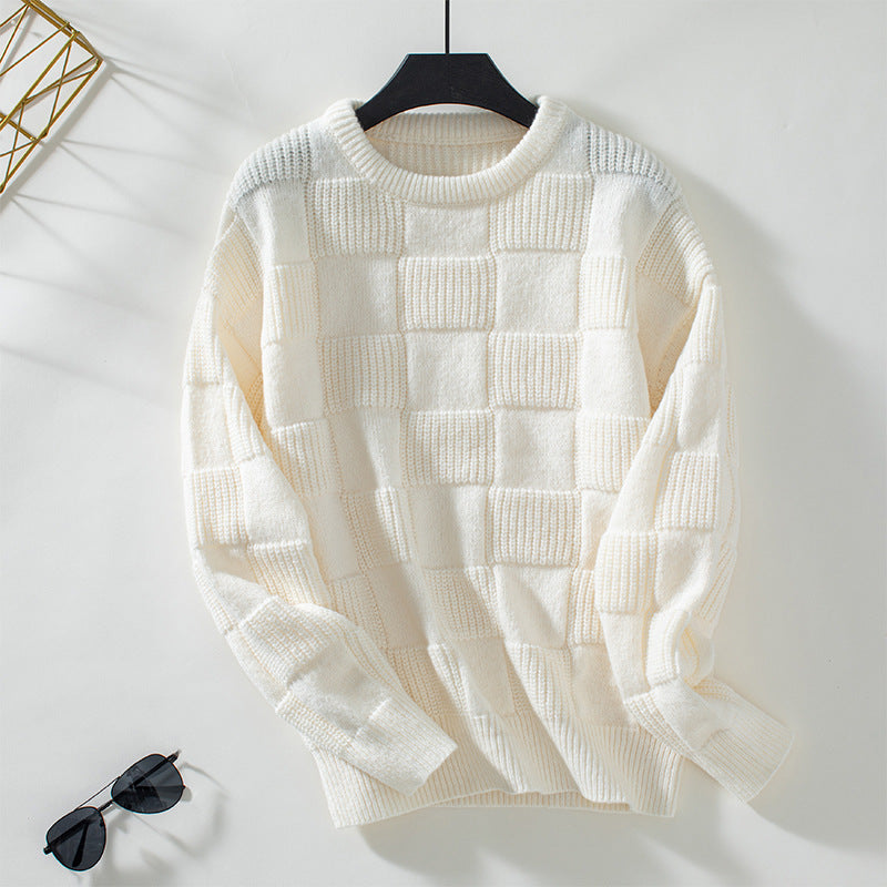 Women's jacquard checked round neck sweater
