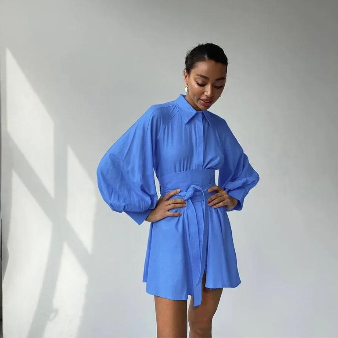Women's Shirt Dress - Oversized Fit - Long Lantern Sleeves - Lightweight Cotton Blend