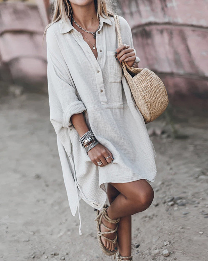 Women's Shirt Dress - Loose Fit - Knee-Length - Long Sleeve Button-Down - Cotton Blend