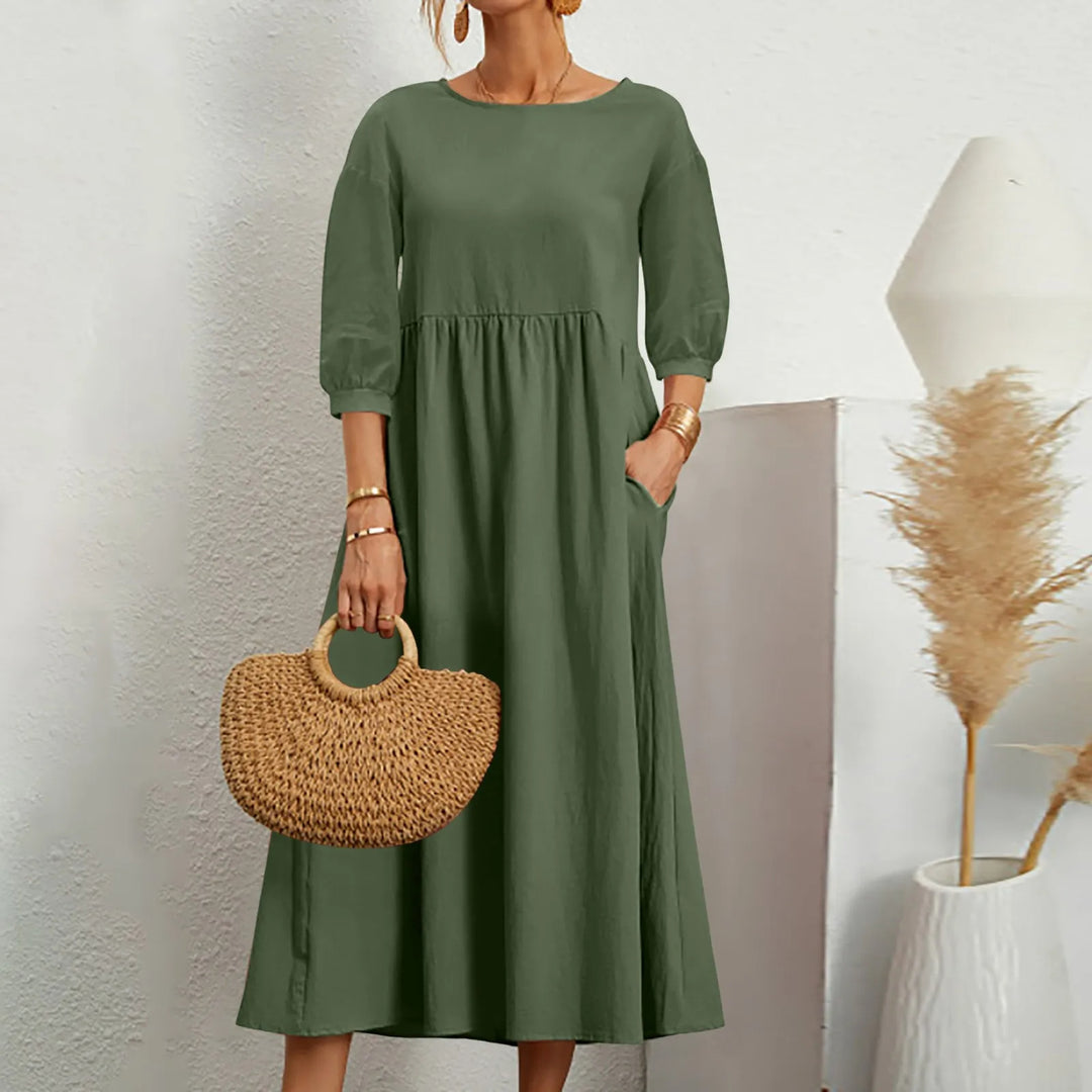 Women’s Midi Dress – Relaxed Fit – Breathable Blend – 3/4 Sleeve – Side Pockets