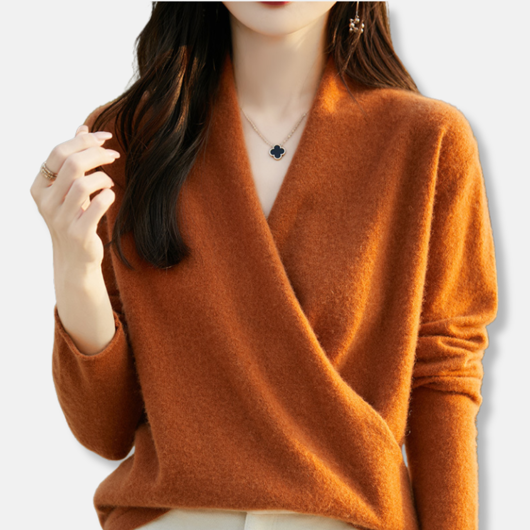 Women’s V-Neck Pullover Sweater – Wool Knit – Relaxed Fit – Long Sleeve Wrap Style