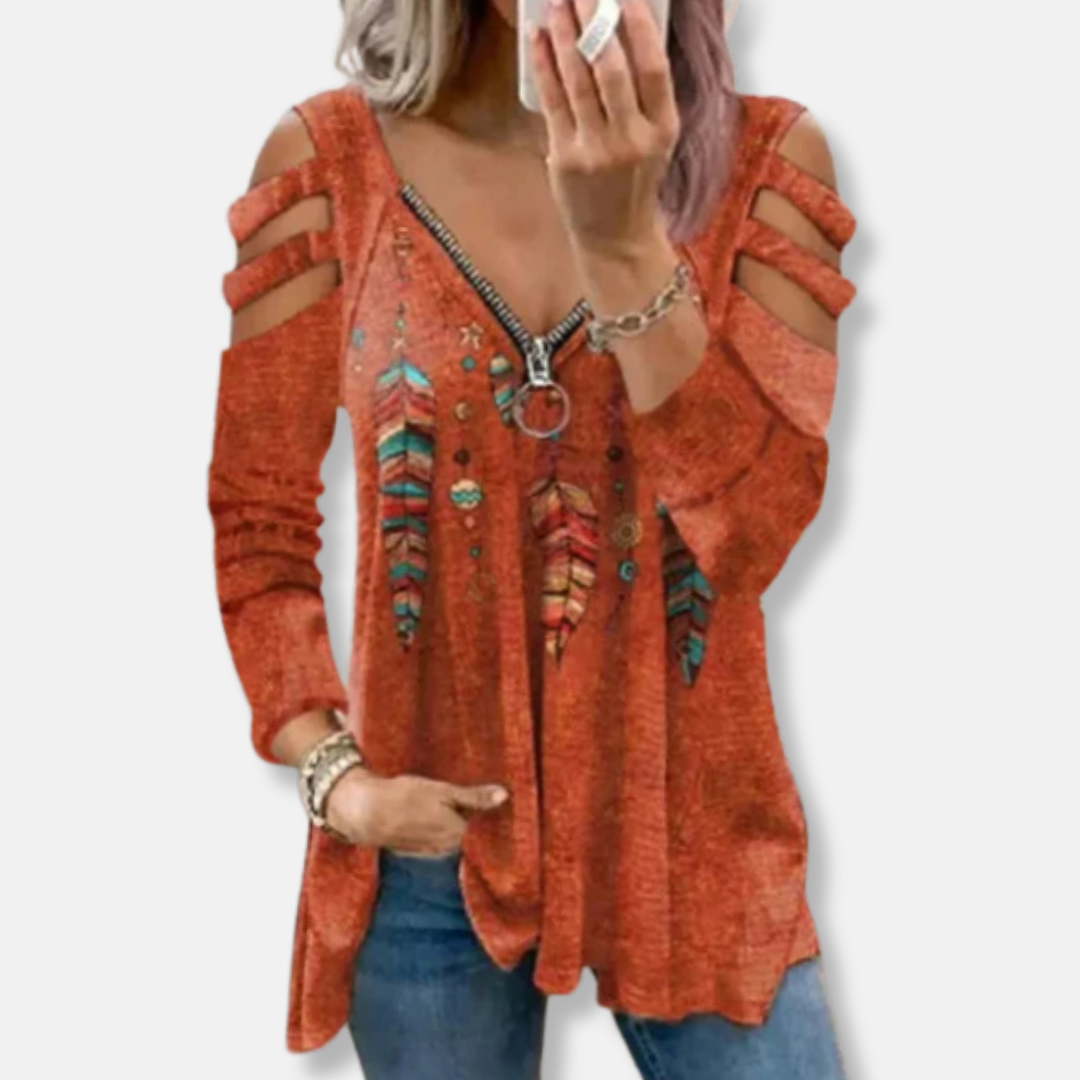 Florence Relaxed Fit Pullover Top | Zipper V-Neck Cold Shoulder Pullover Top
