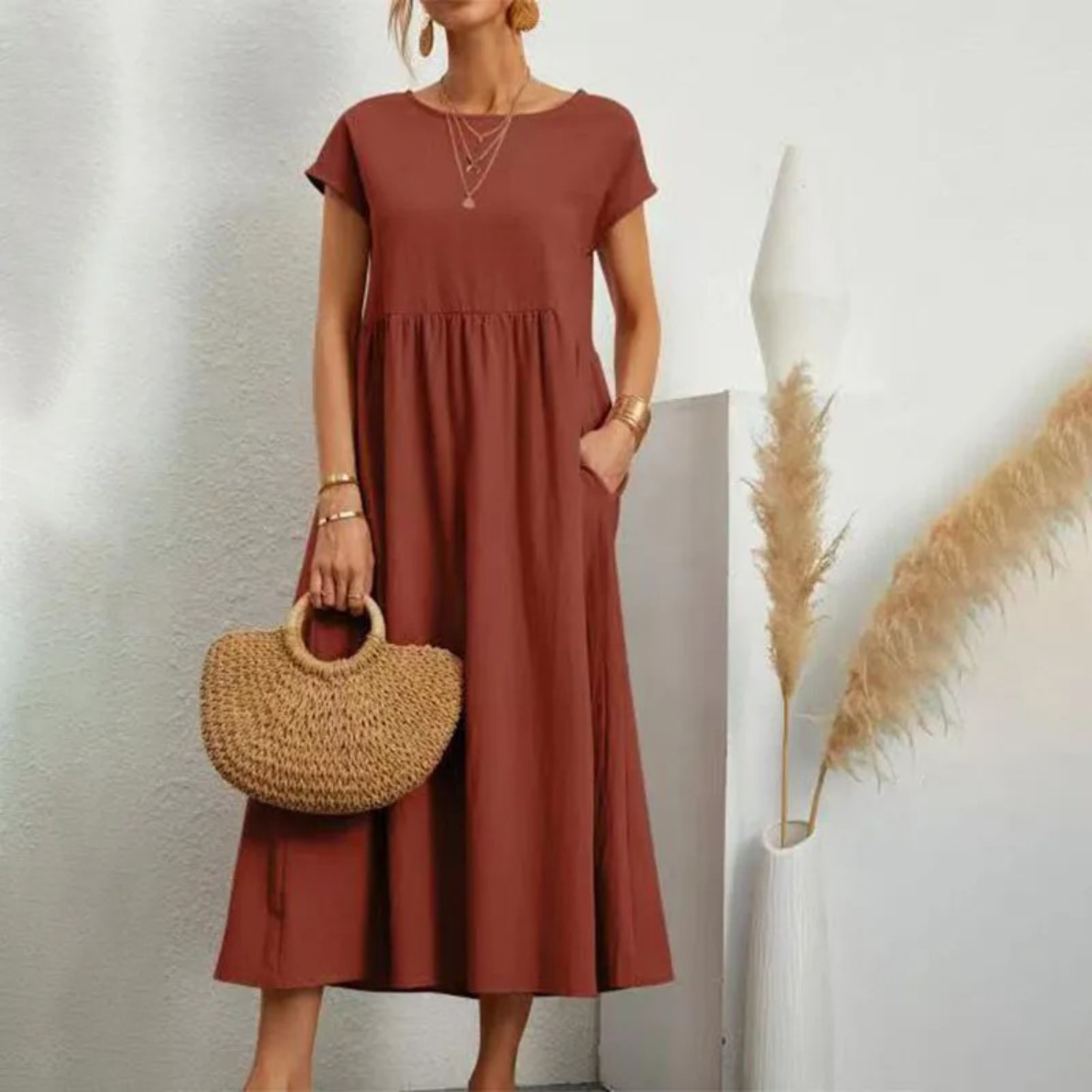 Relaxed Linen Empire Waist Maxi Dress