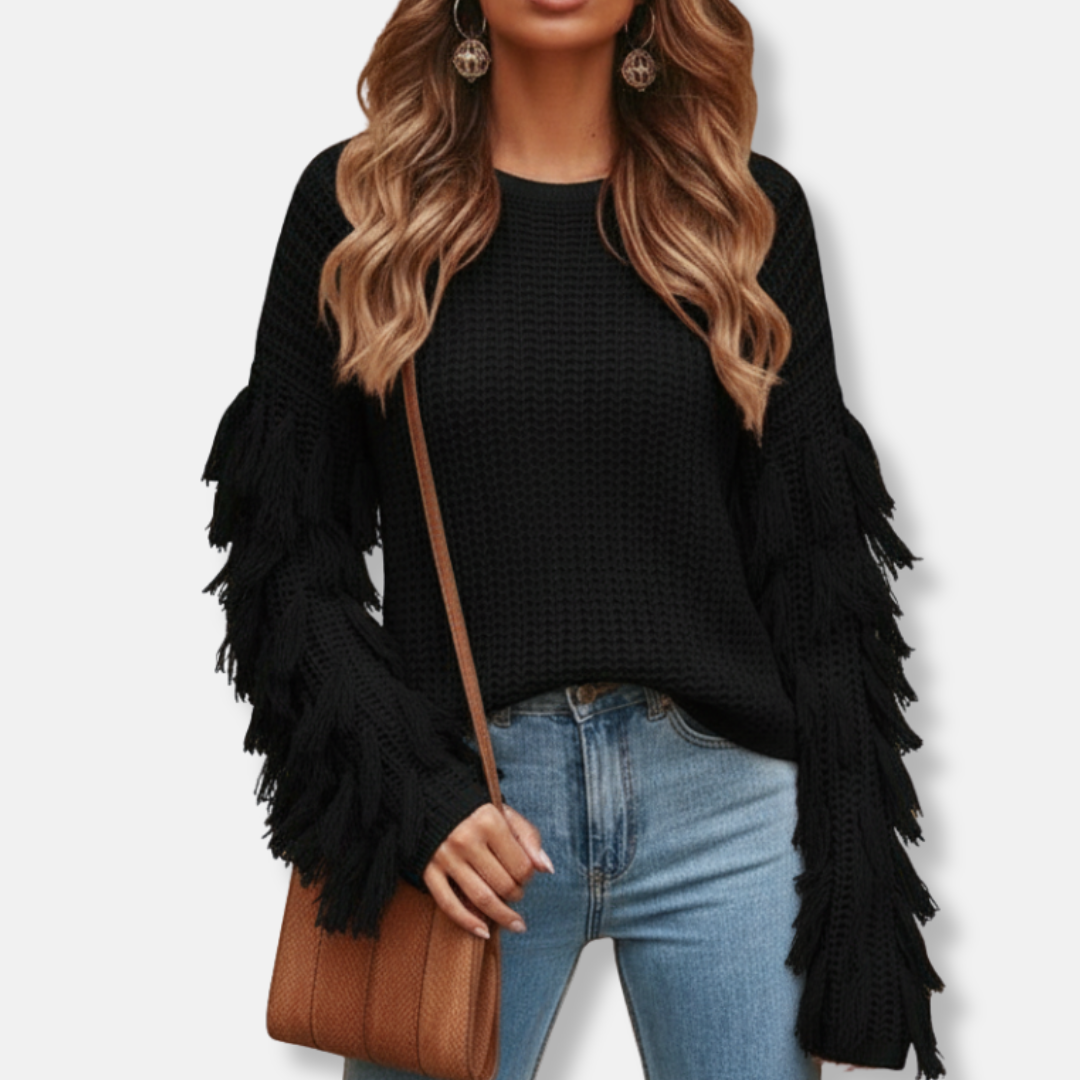 Isla Ribbed Fringe Hip-Length Sweater | Crewneck Relaxed Fit Sweater