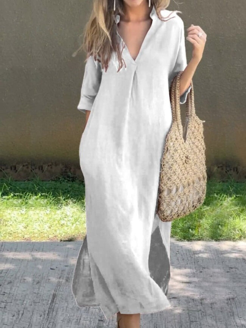 Women’s Maxi Dress – Relaxed Fit – V-Neck – Natural Fibers – Three-Quarter Sleeve