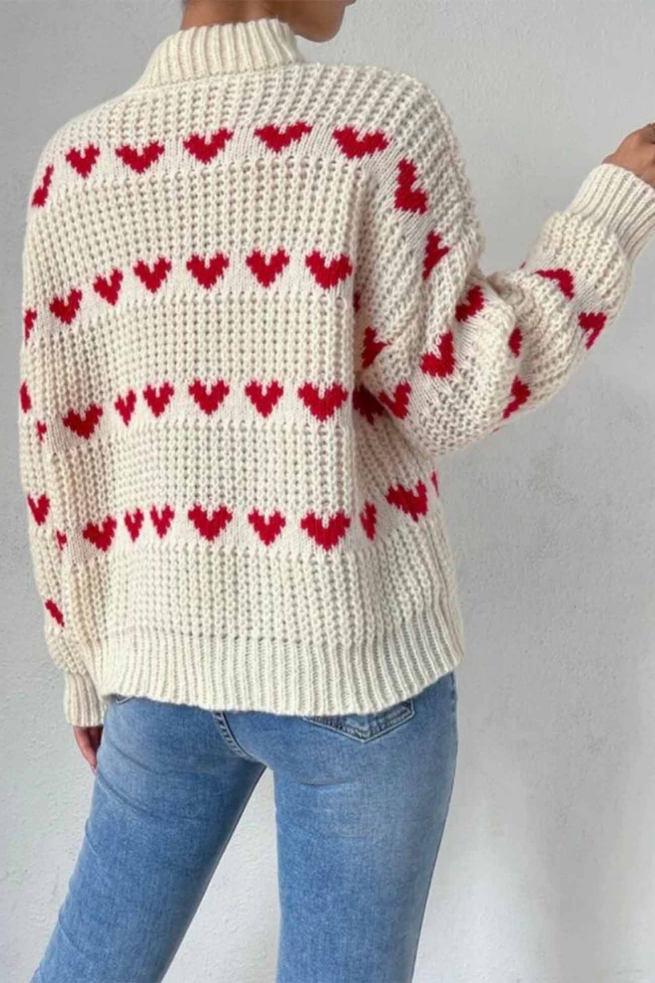 Women's Knitted Sweater - Chunky Knit - Mock Neck - Relaxed Fit - Heart Pattern