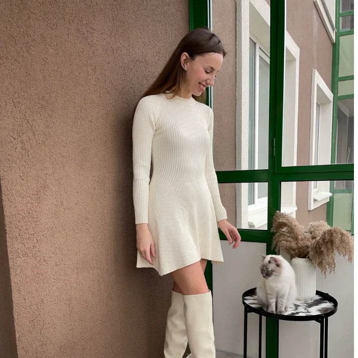 Women's Knitted Ribbed Mini Dress - Long Sleeve - Fitted A-Line Silhouette