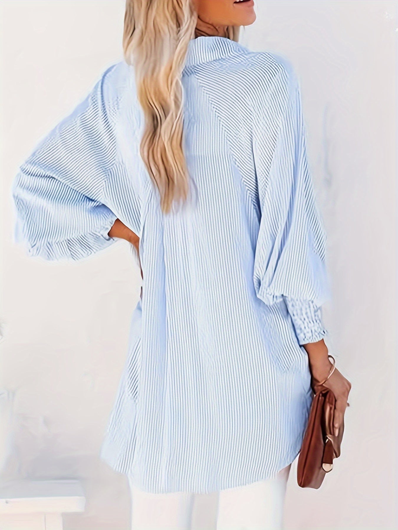 Women's Button-Down Shirt - Oversized Fit - Pinstripe Long Sleeve - Classic Collar