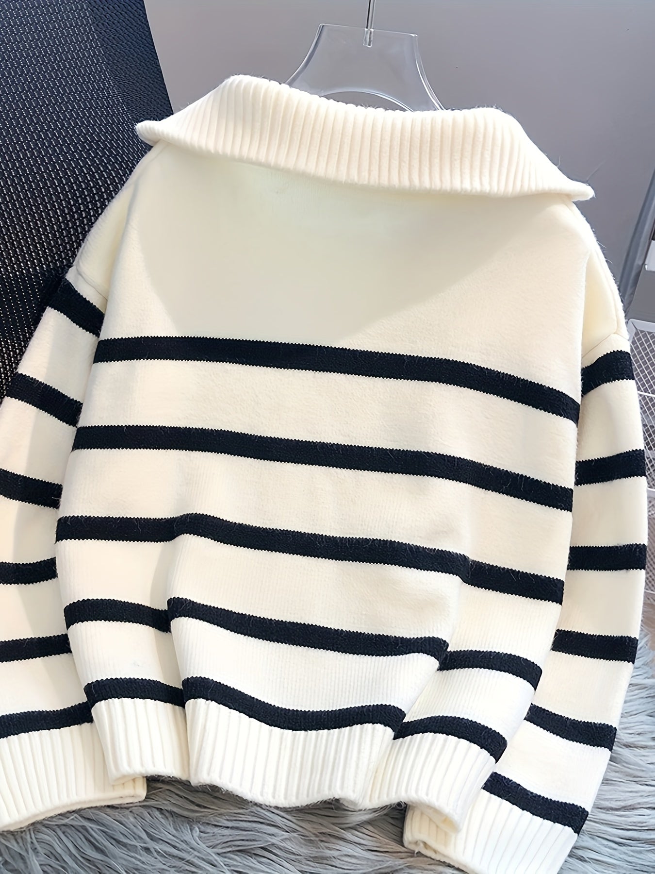 Striped quarter-zip pullover sweater with ribbed collar for women