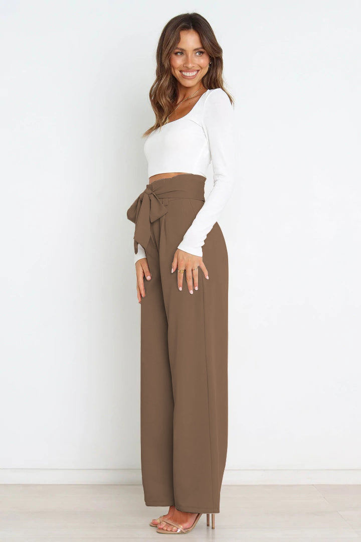 Women’s Wide-Leg Trousers – High Waist – Tailored Fit – Bow Waist Detail – Flowy Fabric