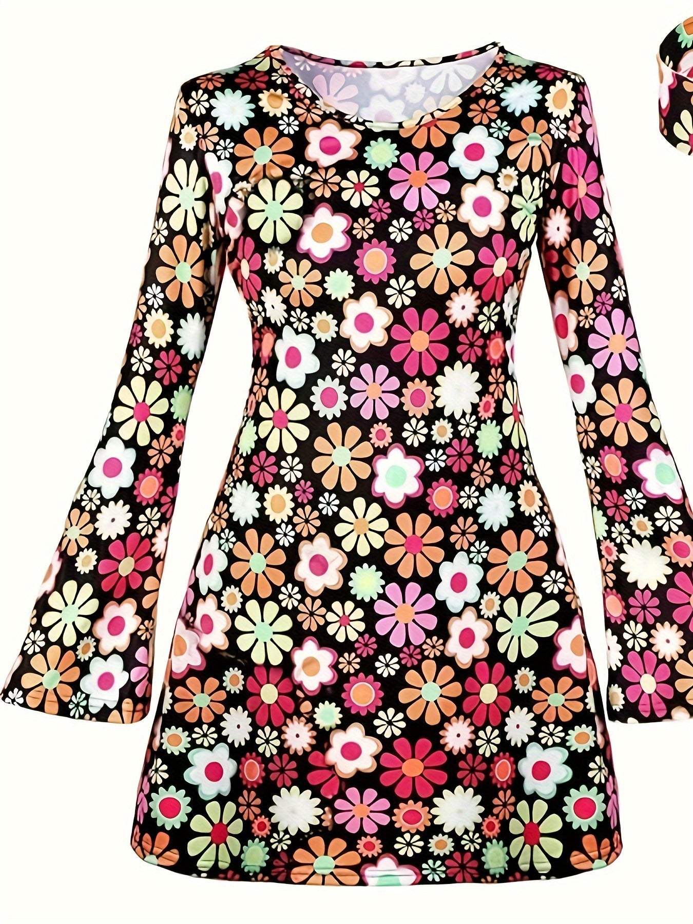 Retro floral print bell-sleeve midi headscarf dress for women