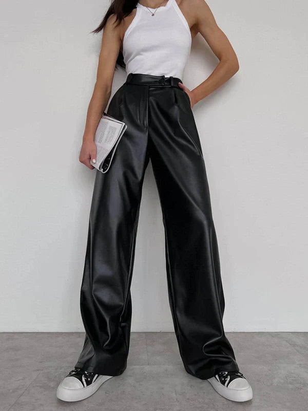 Women’s Wide-Leg Trousers – High Waist – Faux Leather – Pleated Relaxed Fit – Full Length