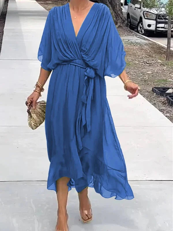 Women's Maxi Dress - Flowing Relaxed Fit - Kimono Sleeves - Adjustable Waist Tie