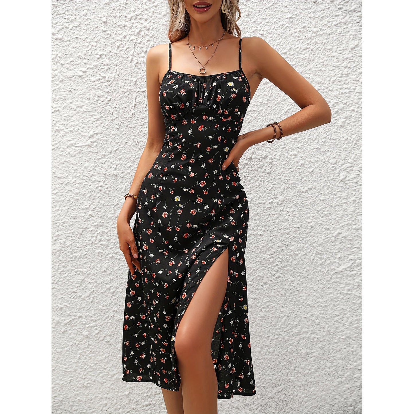 Women's Midi Dress - A-Line Silhouette - Sweetheart Neckline - Spaghetti Straps - Slit Detail