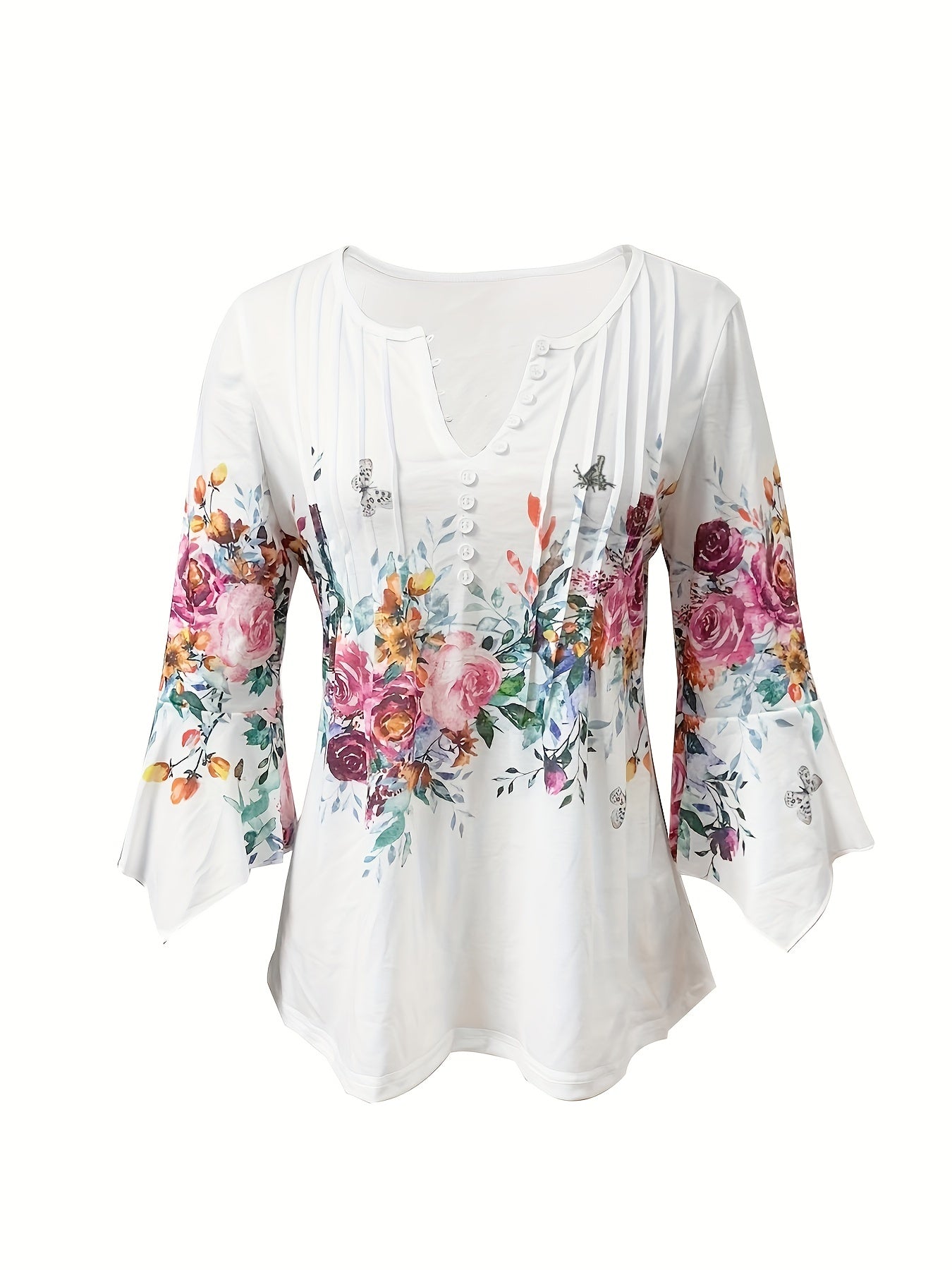 Women's V-Neck Blouse - Scalloped Trim - A-Line Fit - Button Down - 3/4 Sleeve