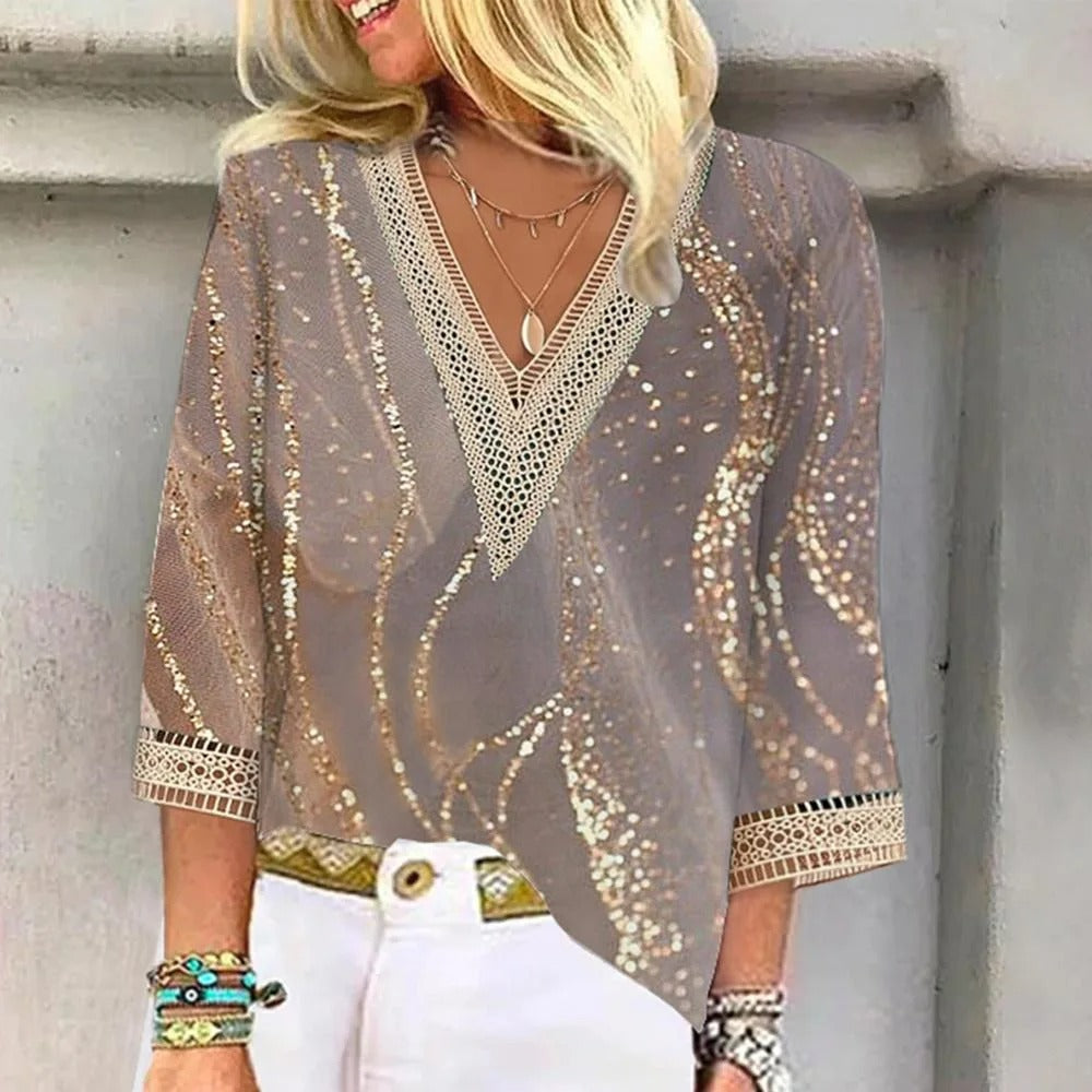 Women's V-Neck Blouse - Lace Trim - Three-Quarter Sleeve - Relaxed Fit Elegant Style