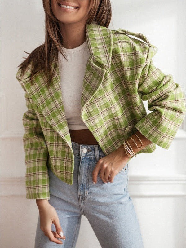 Women's British suit collar plaid print woolen coat