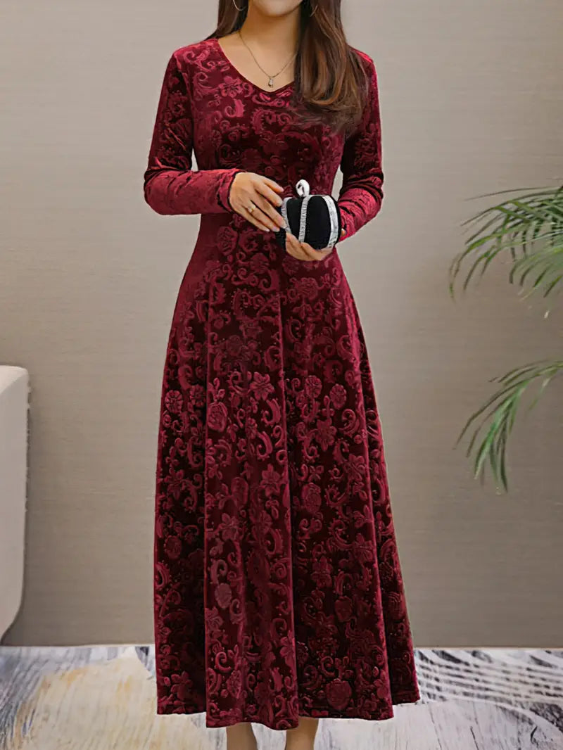 Women's Evening Dress - Velvet A-Line - V-Neck - Three-Quarter Sleeve - Maxi Length