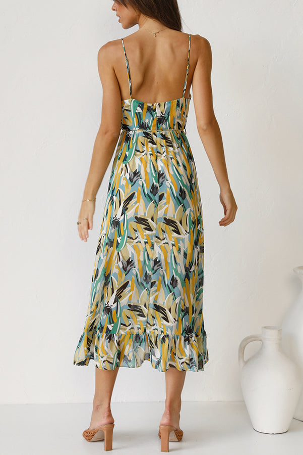 Women's Maxi Dress - Abstract Print - Plunging V-Neck - Spaghetti Straps - Flowing Fit