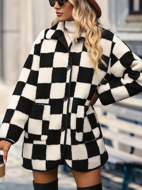 Plaid Button Placket Short Coat With Pockets