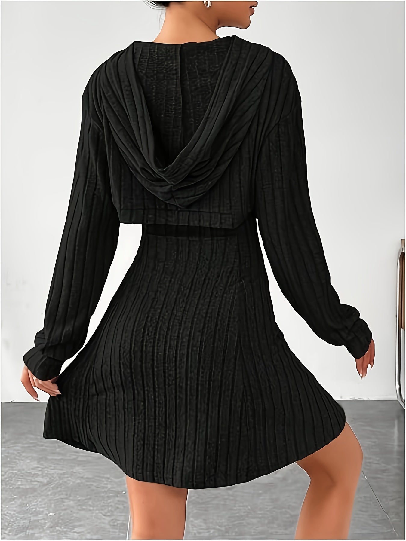 Two-piece ribbed knit skater dress with cropped hooded cardigan for women