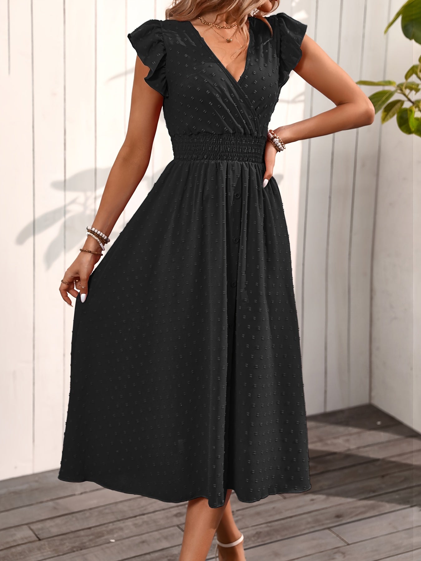 Shirred Waist Flowy A-Line Midi Dress