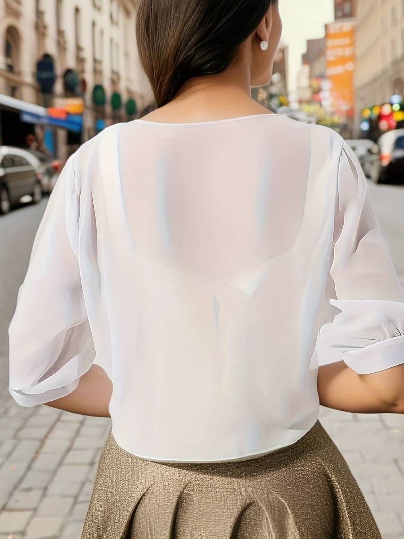 Women's Bolero Jacket - Open Front Tie Closure - Three-Quarter Sleeve Layering Piece