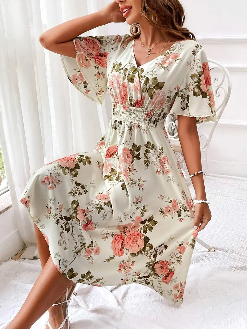 Women's Floral A-Line Dress - V-Neck - Short Flutter Sleeves - Knee-Length Flowy Fit