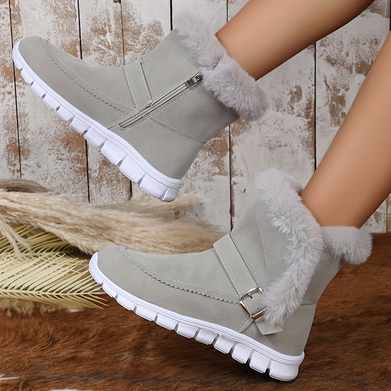 Women's snow boots with buckle and side zipper