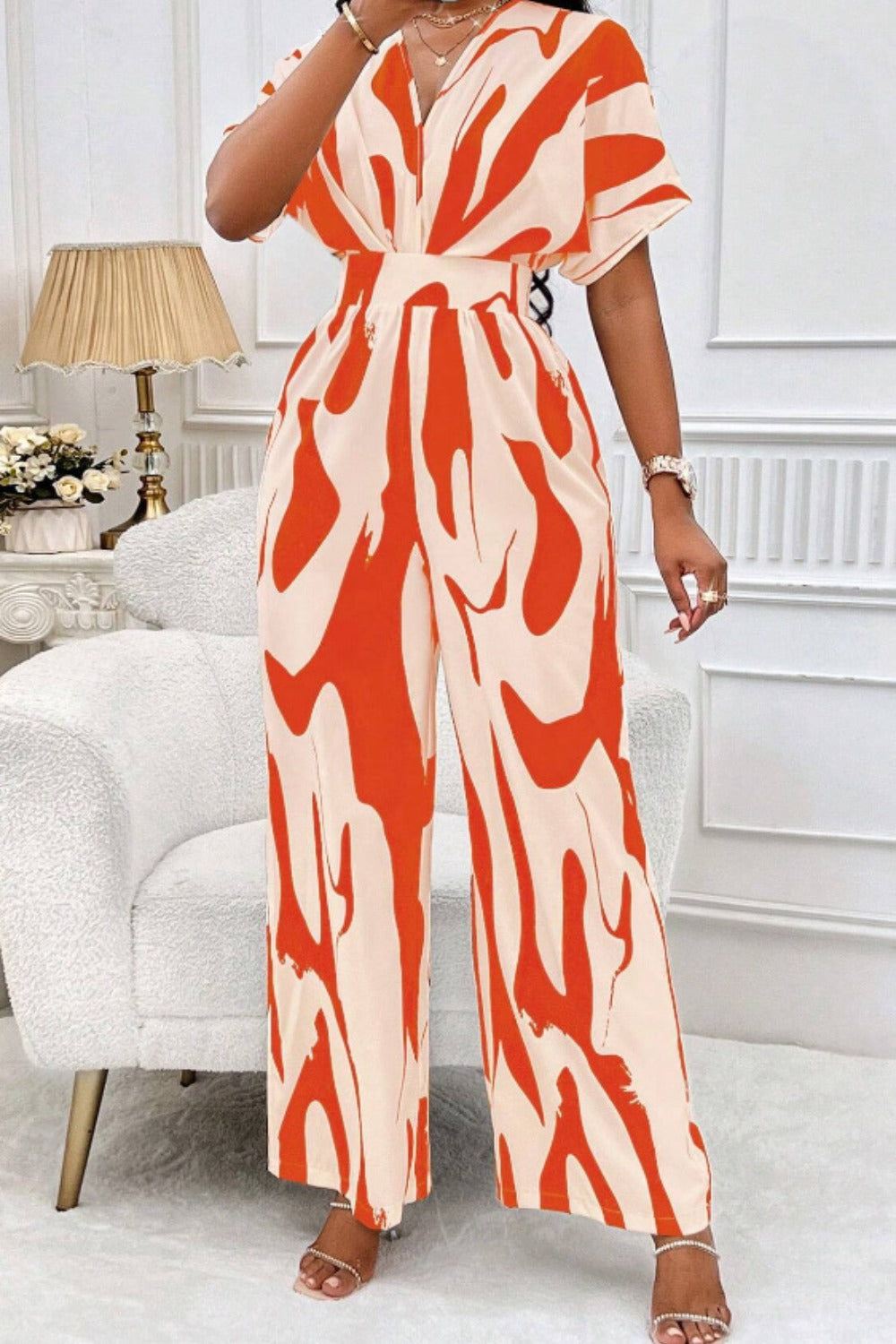 Women's Jumpsuit - V-Neck - Short Sleeve - Wide Leg - Cinched Waist - Lightweight
