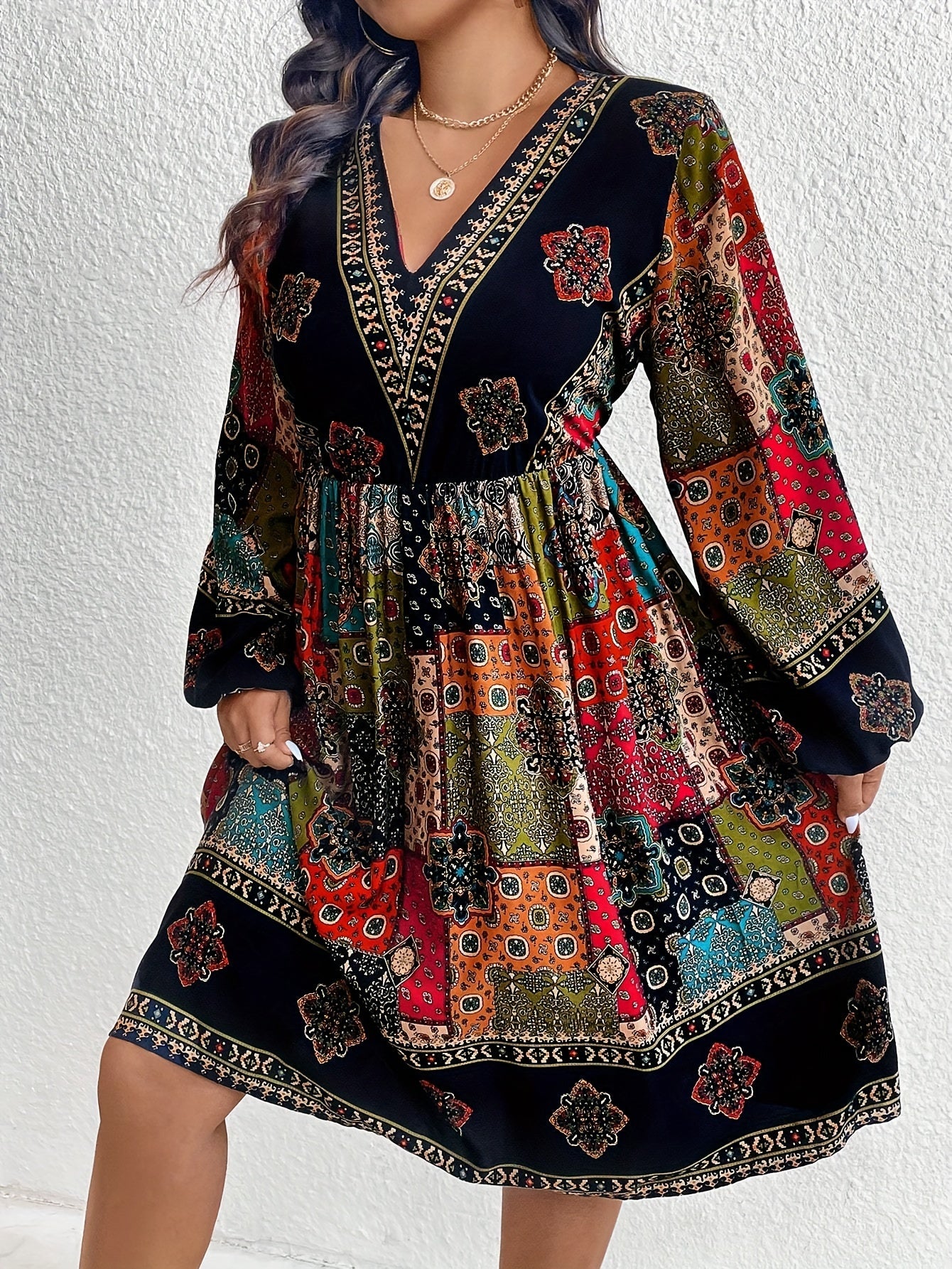 Women's Boho Midi Dress - V-Neck Patchwork Print - Long Sleeve Flowy Fit