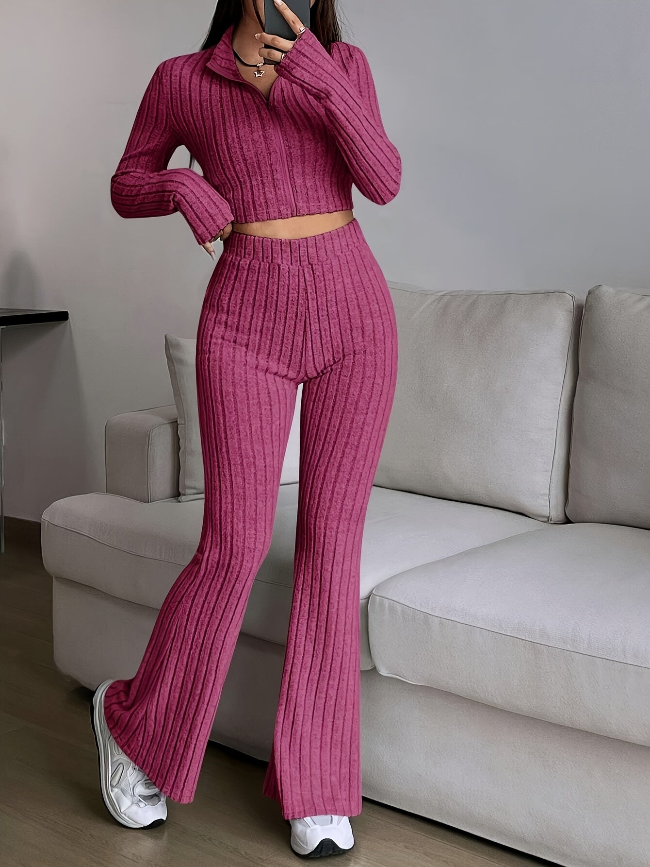 Two-piece ribbed zip-up cropped jacket and flared pants lounge set for women