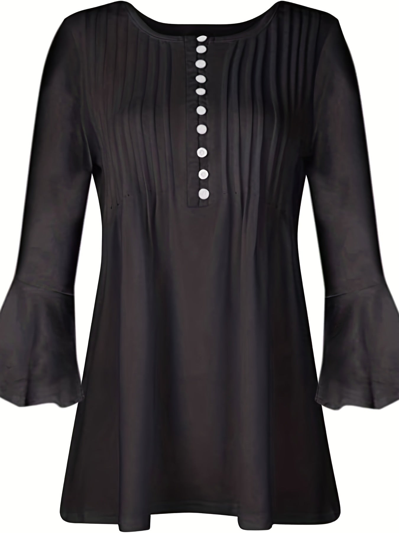 Pleated V-Slit Neckline Flare Sleeve Blouse