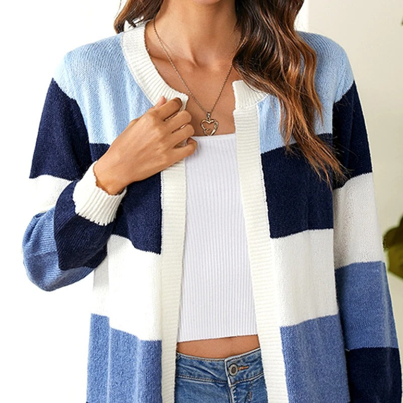 Women's Knitted Cardigan - Striped Pattern - Open Front - Ribbed Cuffs & Hem