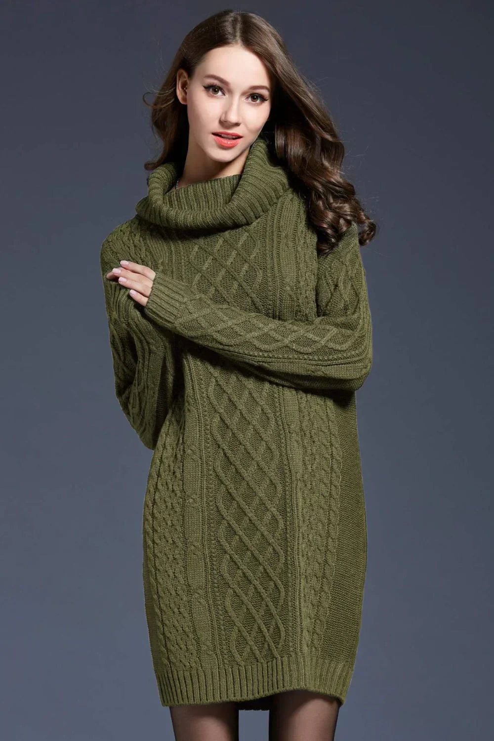 Women's Cable Knit Sweater Dress - Turtleneck - Long Sleeve - Soft Knit