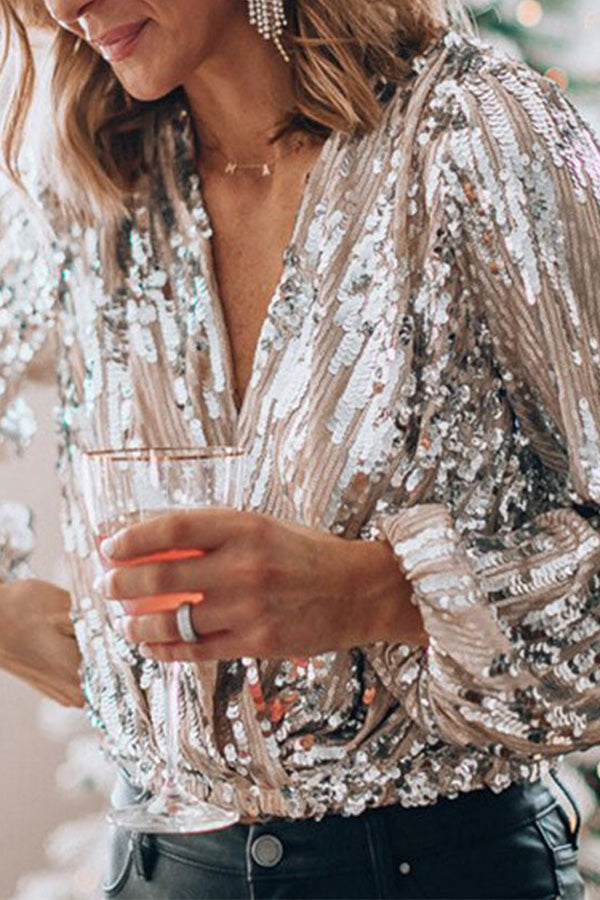 Women’s Blouse – Relaxed Fit – Sequin Embellished – V-Neck – Balloon Sleeve Evening Top