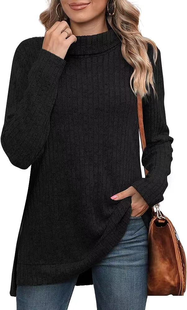 Women’s Turtleneck Sweater – Ribbed Knit – Relaxed Fit – Long Sleeve – Asymmetrical Hem