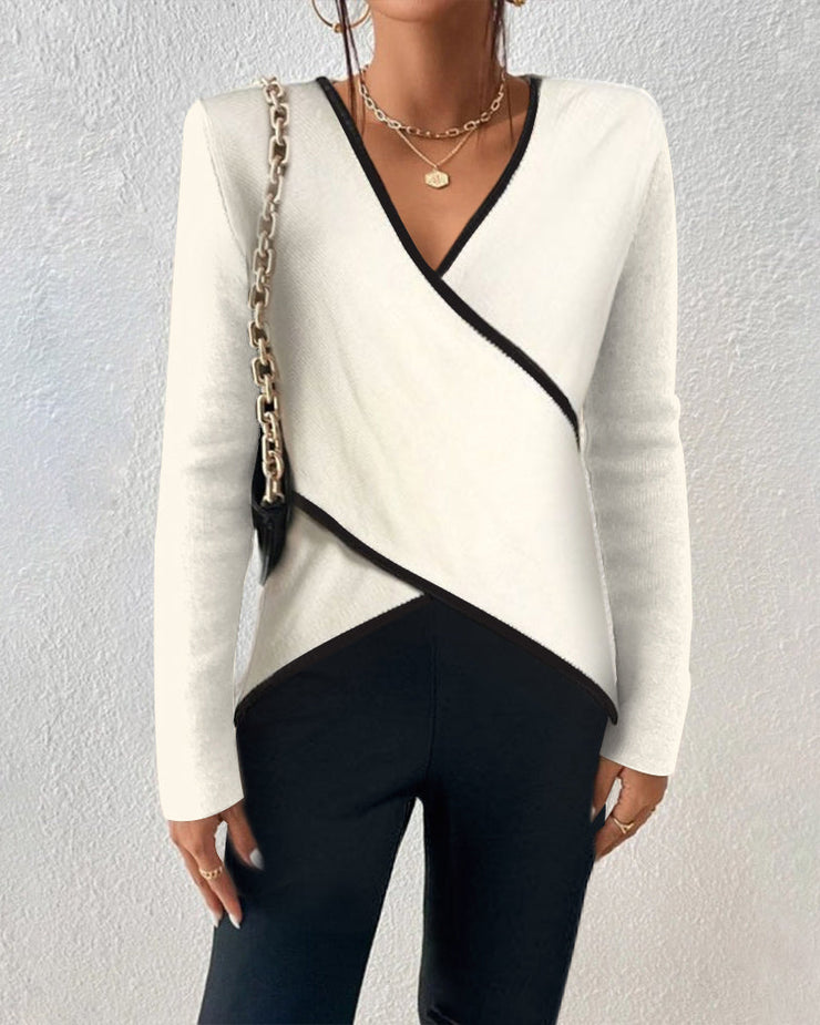 Women's ivory V-neck sweater - Asymmetric hemline elegant casual top