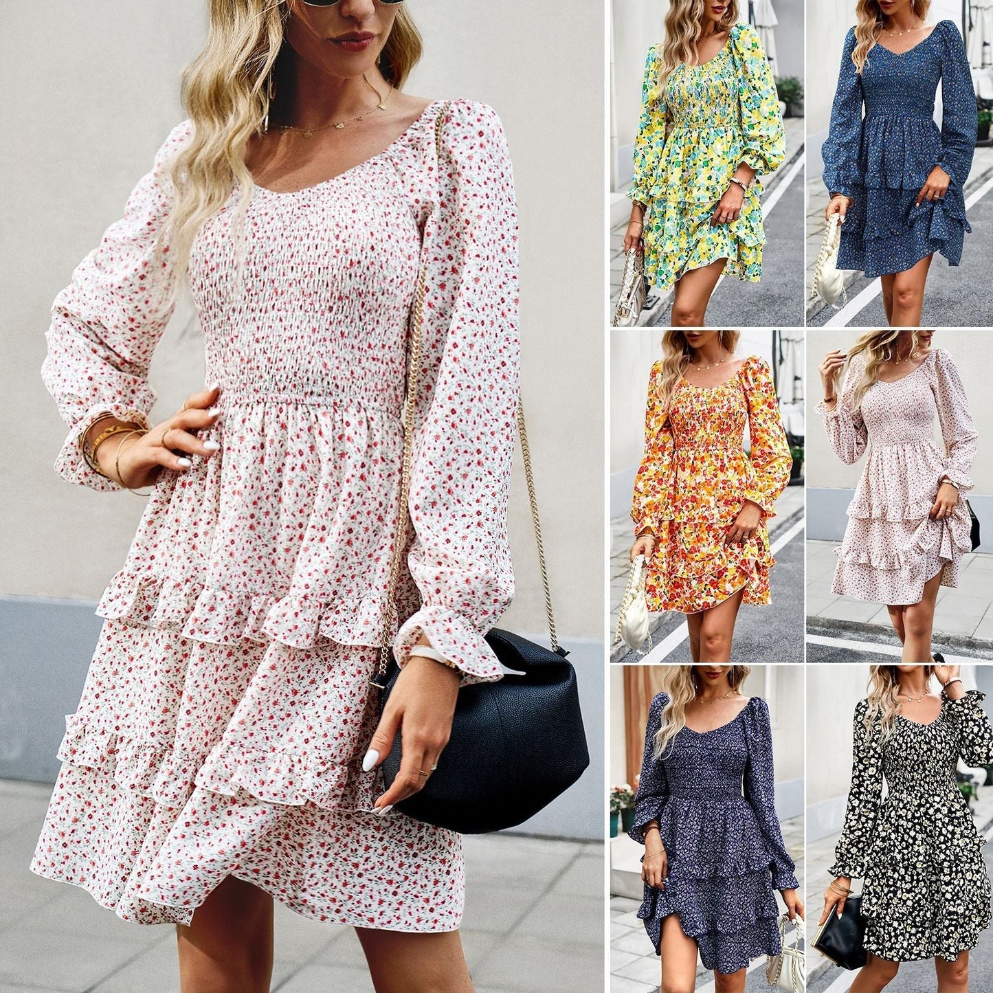 Women's Dress - Smocked Bodice - V-Neck - Long Sleeve Tiered Ruffle Skirt