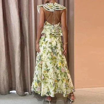 Women's Floral Midi Dress - A-Line Fit - High Neck - Ruffled Cap Sleeves Elegant Style