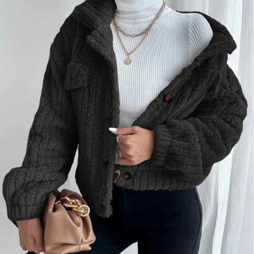 Women's Textured Button-Up Jacket - Knitted Fabric - Relaxed Fit - Casual Wear