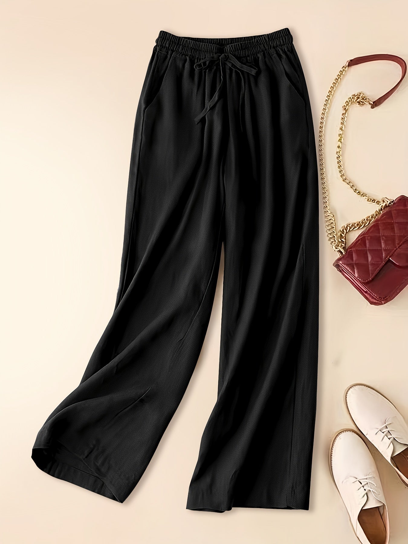 Women's Linen Wide-Leg Pants - Elastic Waist - Lightweight Breathable Fabric - Full Length