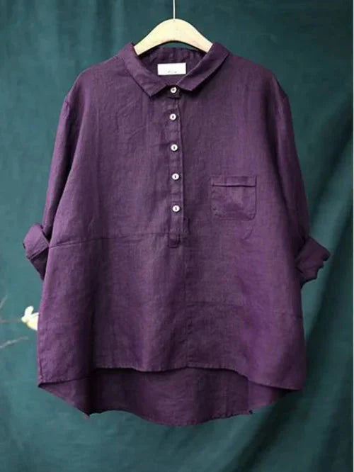 Women's Linen Shirt - Relaxed Fit - Long Sleeve - Half Button Casual Collared Top