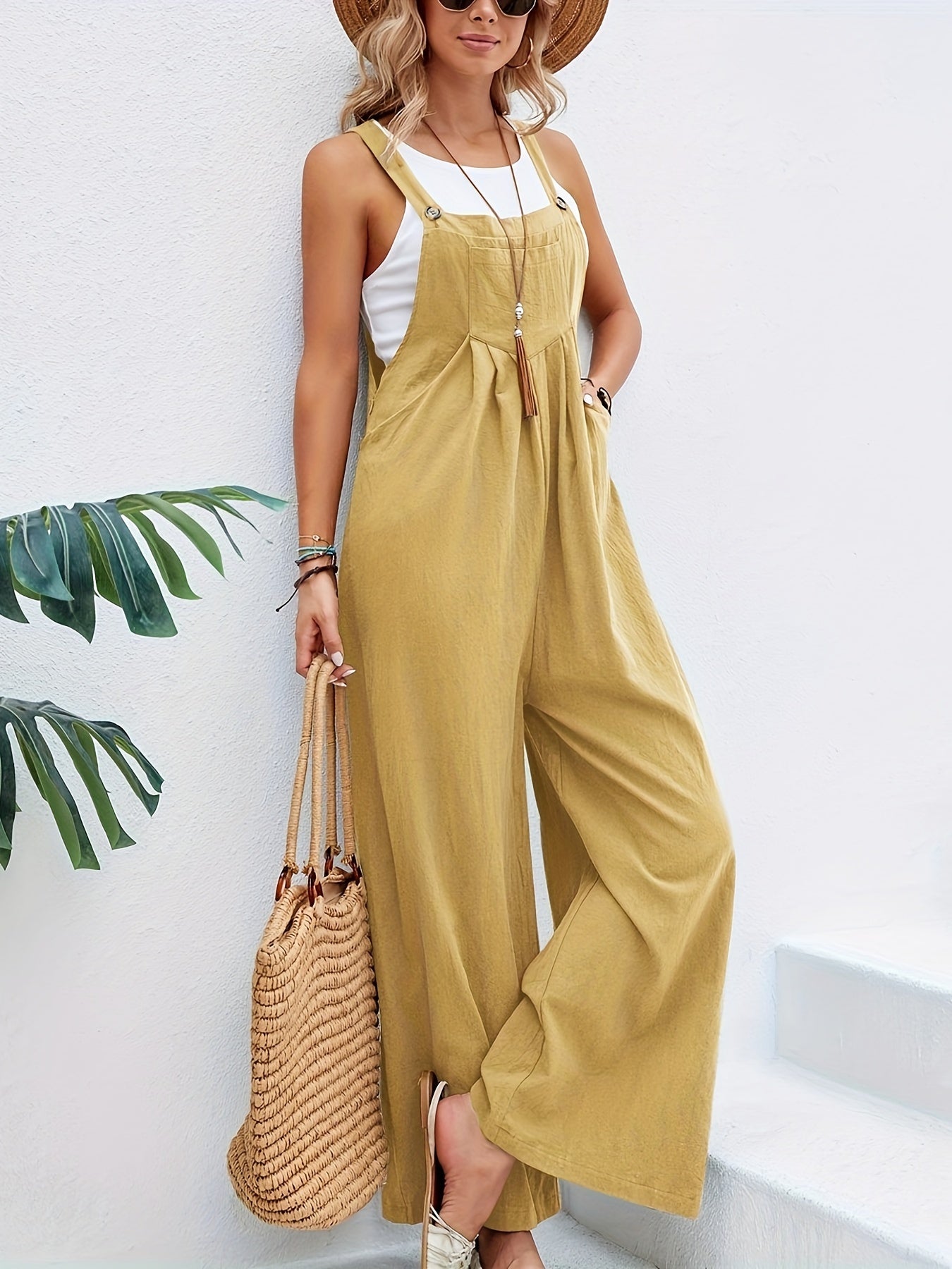 Women's Jumpsuit - Wide Leg Loose Fit - Sleeveless Cotton Blend - Casual Bib Style