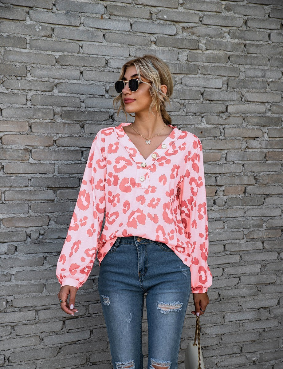 Women's Blouse - V-Neck Button Down - Long Sleeve Relaxed Fit - Animal Print