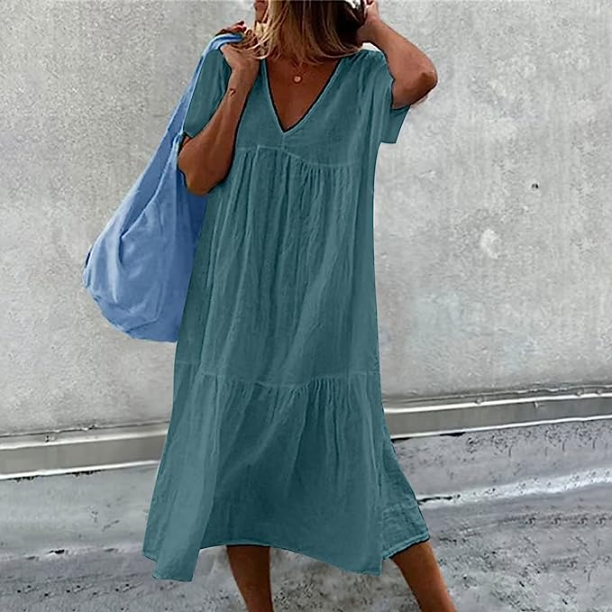 Women's Midi Dress - V-Neck Short Sleeve - Loose Tiered Lightweight Casual Wear