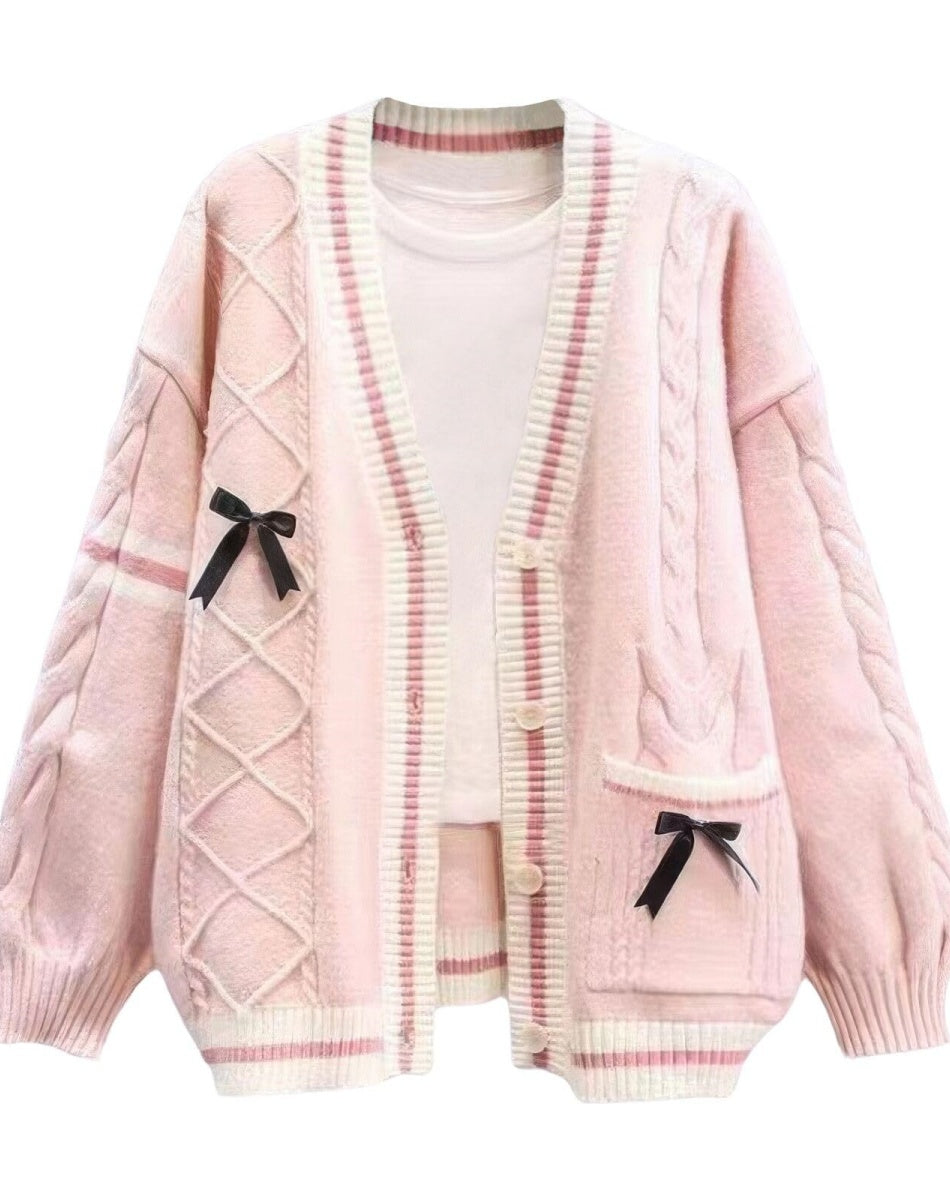 Women’s Cardigan – Relaxed Fit – Soft Knit – Cable Knit – Button Front – Bows